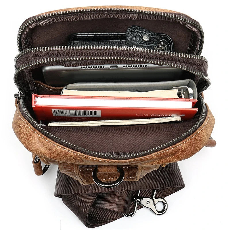 A premium leather crossbody bag for men, featuring a vintage British design and adjustable shoulder strap