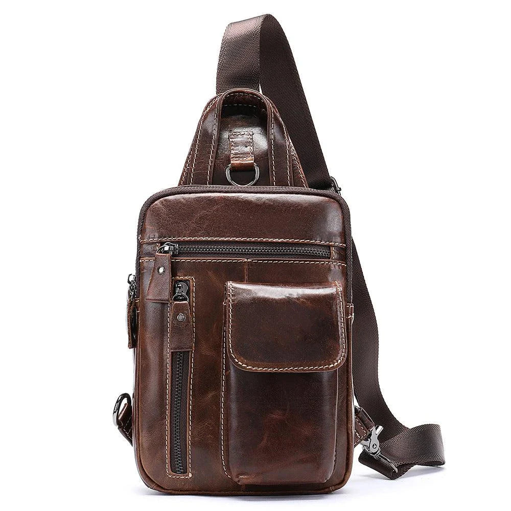 A premium leather crossbody bag for men, featuring a vintage British design and adjustable shoulder strap