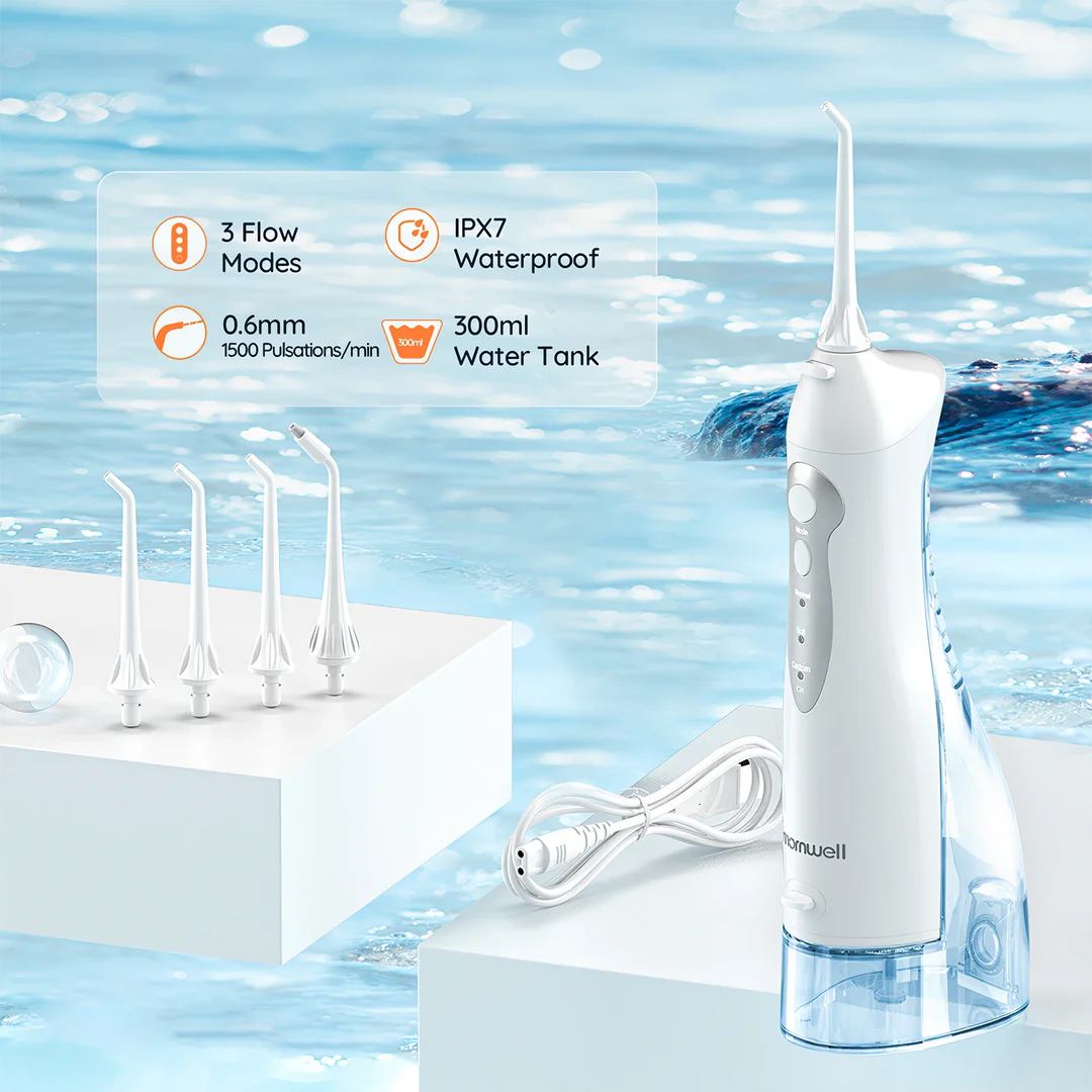 A stylish, rechargeable water flosser with four interchangeable nozzles for a personalised and thorough dental cleaning experience.