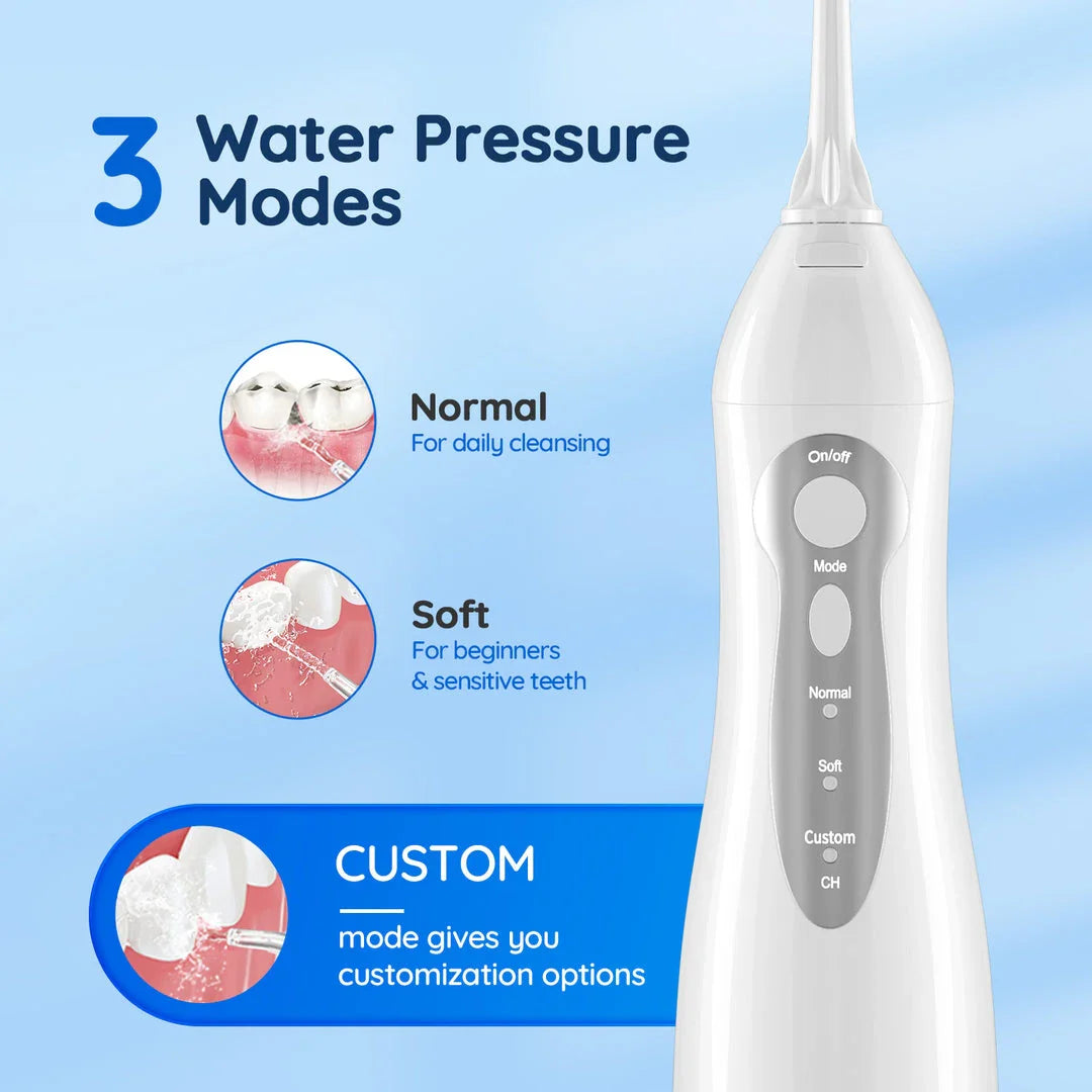 A stylish, rechargeable water flosser with four interchangeable nozzles for a personalised and thorough dental cleaning experience.