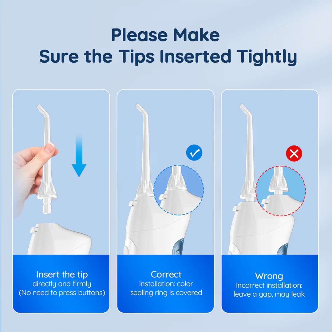 A stylish, rechargeable water flosser with four interchangeable nozzles for a personalised and thorough dental cleaning experience.