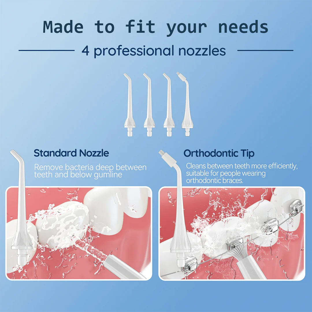A stylish, rechargeable water flosser with four interchangeable nozzles for a personalised and thorough dental cleaning experience.