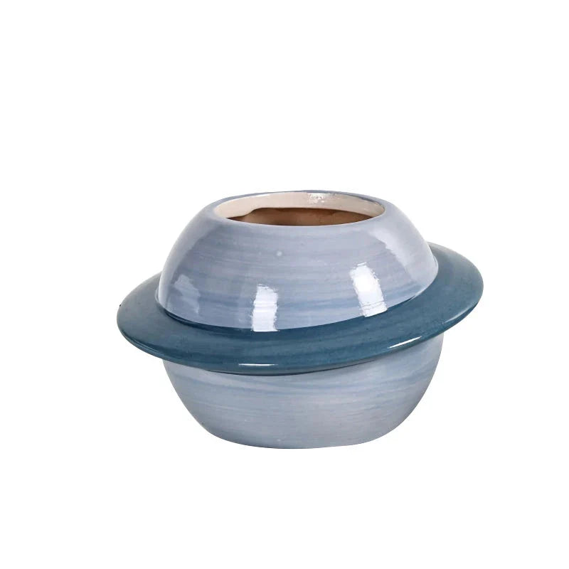 Mini Planet Shape Ceramic Succulent Flower Pot with a smooth, planet-inspired design in blue colour