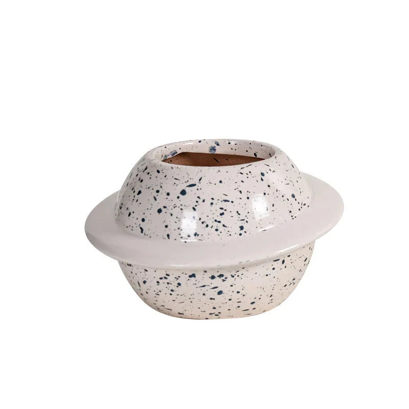 Mini Planet Shape Ceramic Succulent Flower Pot with a smooth, planet-inspired design in blue colour