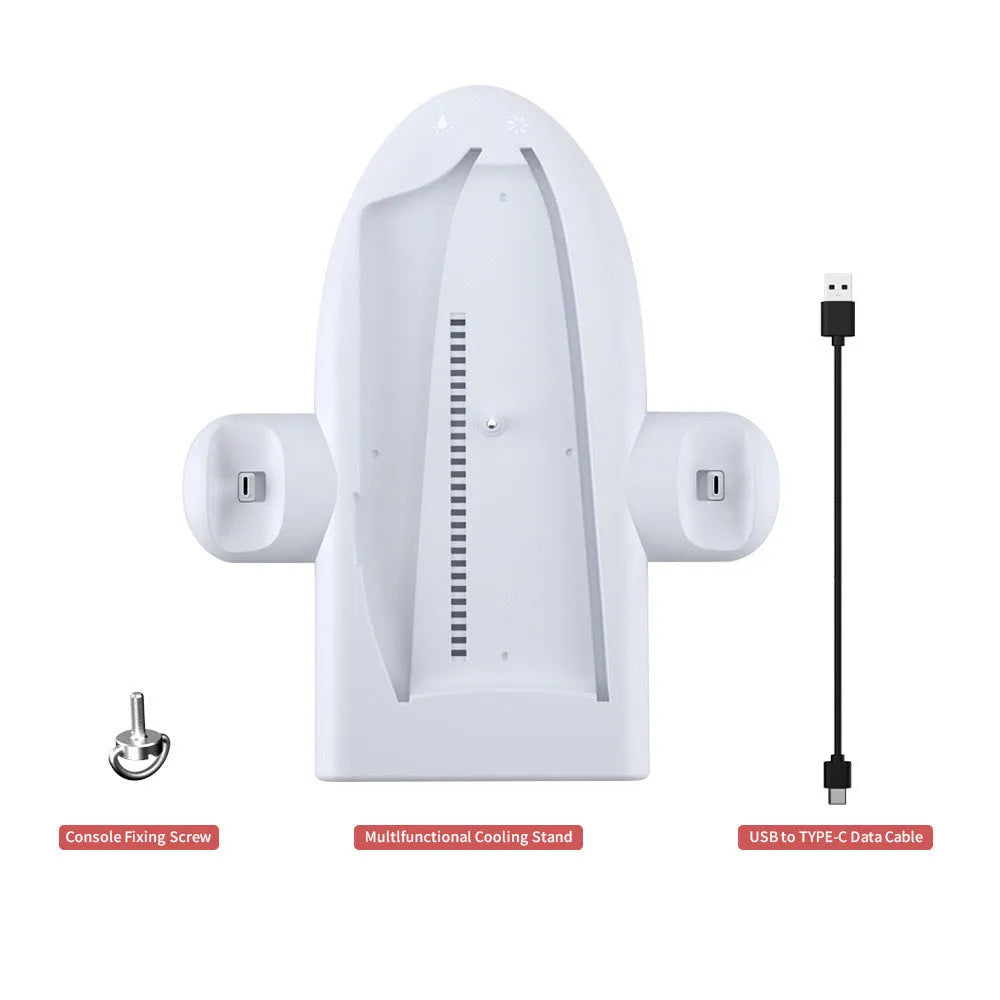 White PS5 Slim multi-function charging dock with cooling fan and RGB ambient lighting.