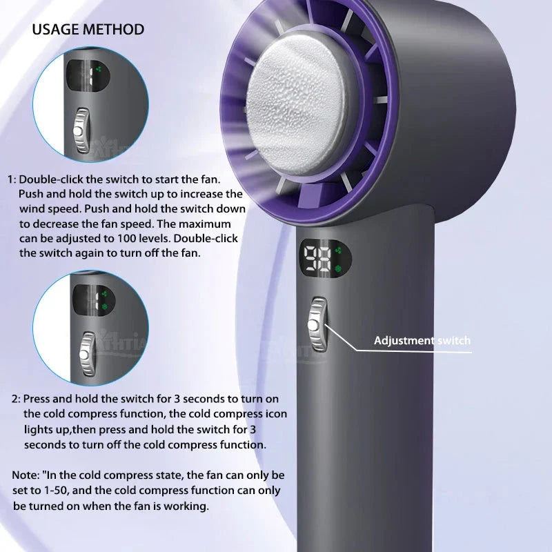 Powerful portable handheld turbine fan with cooling system, adjustable airflow, long-lasting battery, and compact design for on-the-go refreshment.