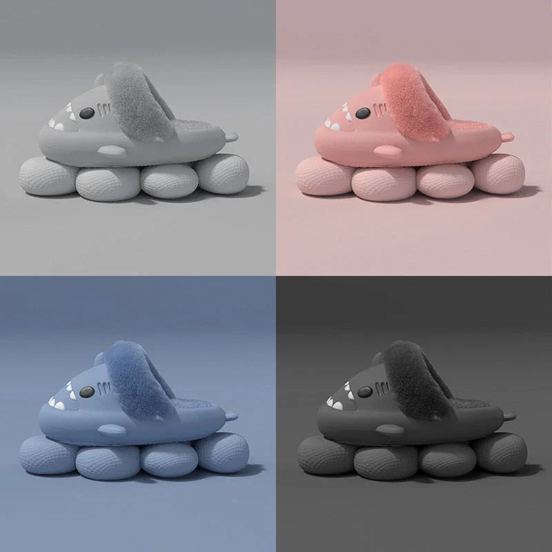 Cozy shark-inspired slippers with plush material and durable EVA soles for comfortable indoor and outdoor wear