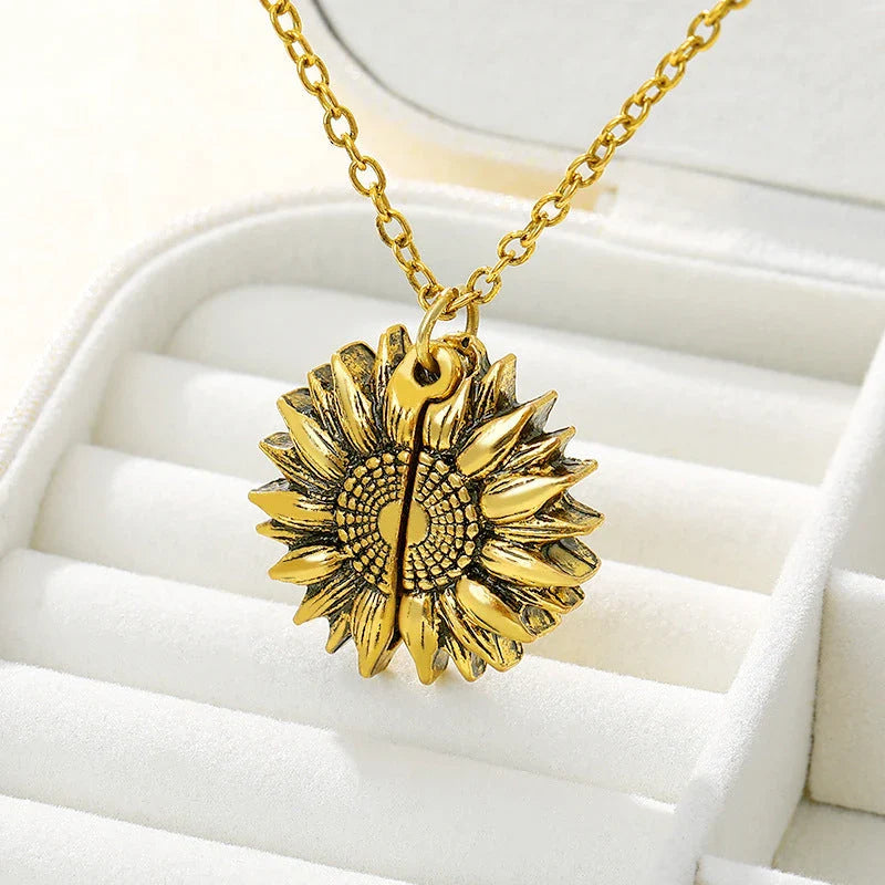 A stunning sunflower pendant necklace with an adjustable chain, crafted from high-quality materials for a radiant and versatile accessory.
