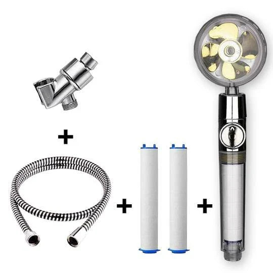A high-pressure handheld shower head with a turbo-charged water flow and a cotton filter for a luxurious, spa-like bathing experience.