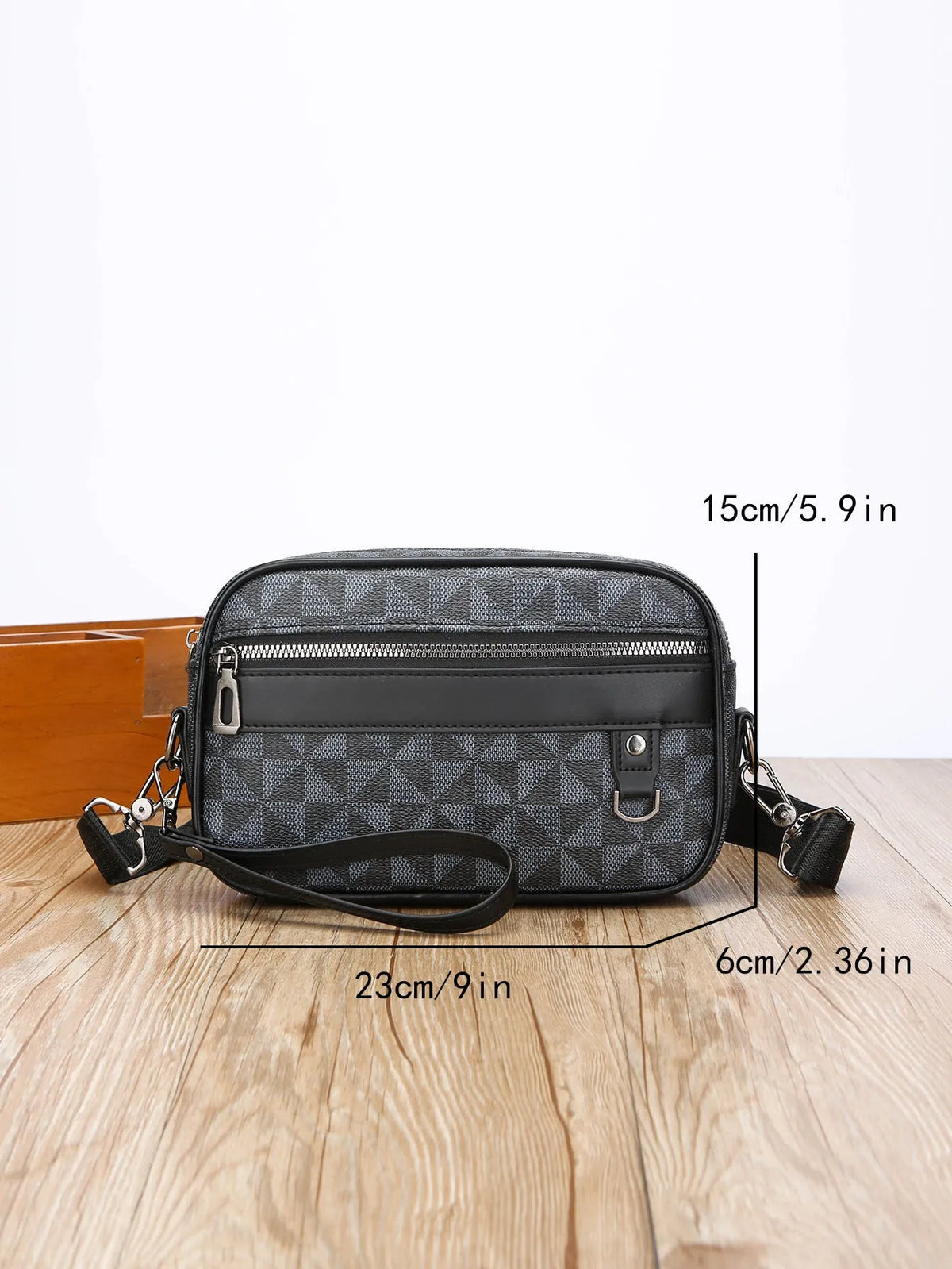 Men's casual geometric pattern messenger bag in PU leather with large capacity.