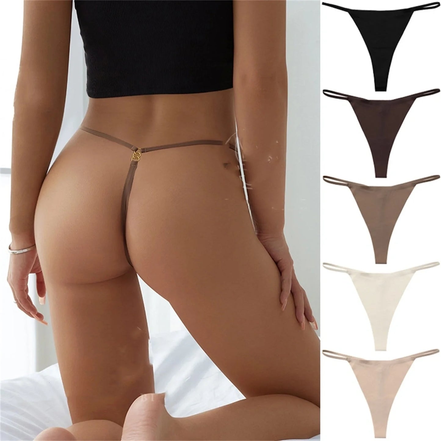 A set of seamless stretch hipster briefs in assorted neutral tones, featuring a low-rise waistline and t-back design for a smooth, flattering look.