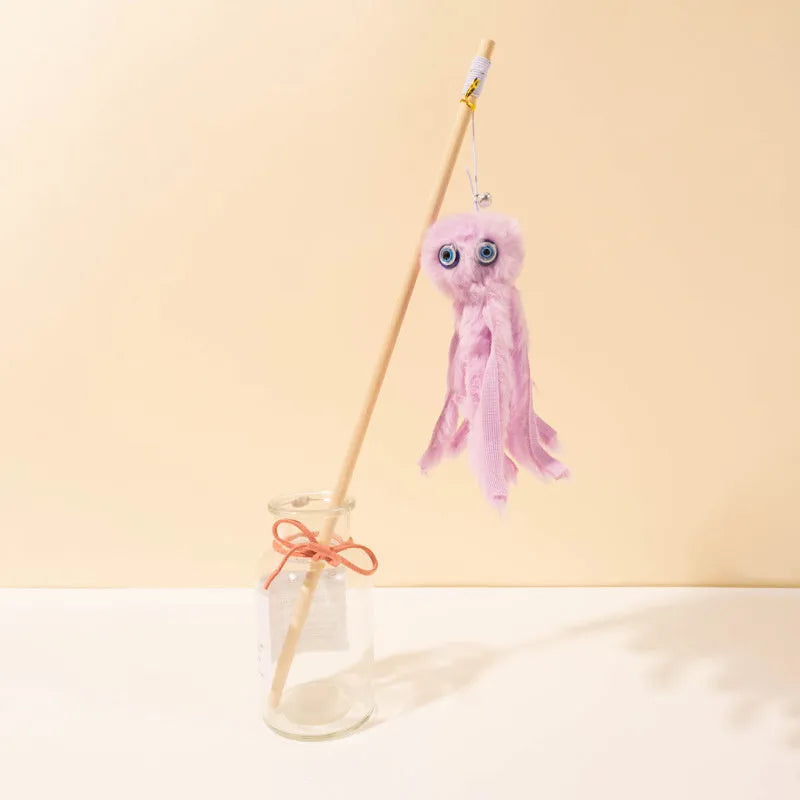 Octopus-themed furry cat toy attached to a long stick, shown in pink colour.
