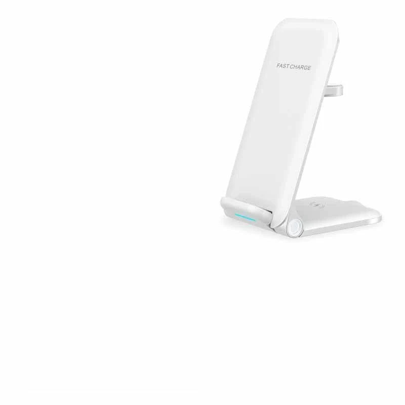 Adjustable three-in-one wireless charging station for smartphones, tablets, and smartwatches with space-saving and safety features