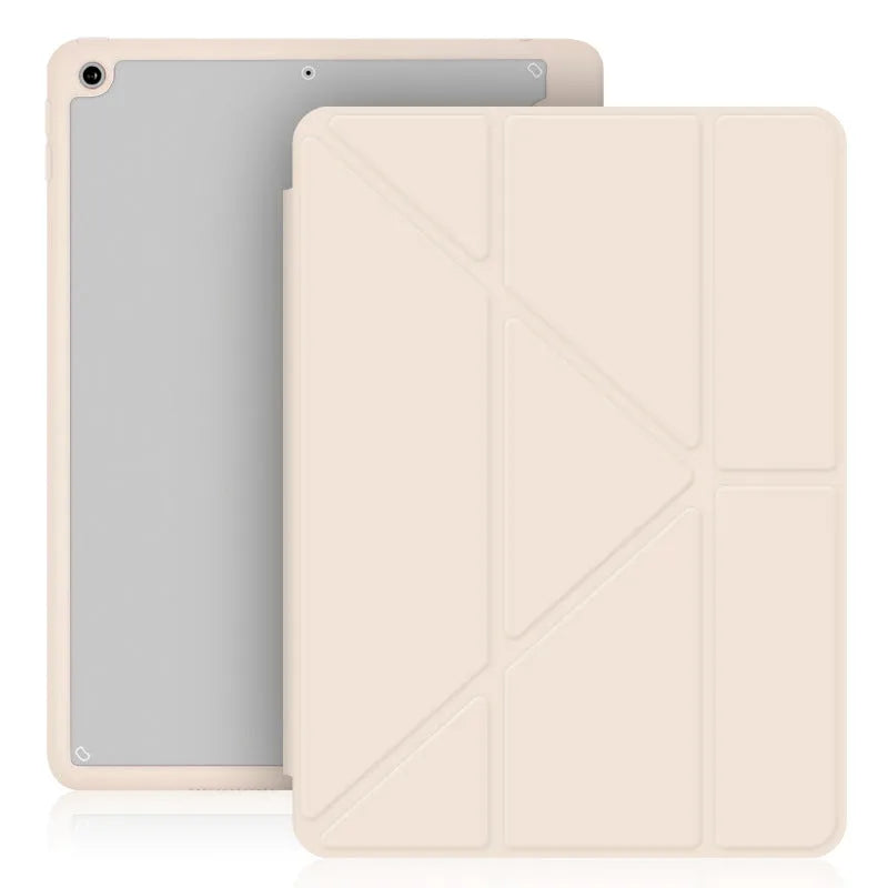 Y-folding imitation leather iPad case in dark grey, showing built-in stand and pen slot.