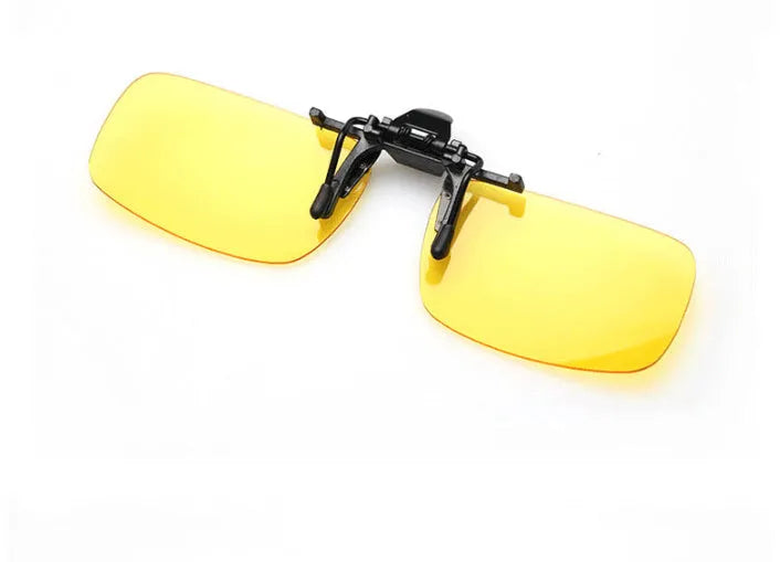 Clip-on sunglasses for prescription glasses in PC material, shown in large and small sizes with different coloured lenses.
