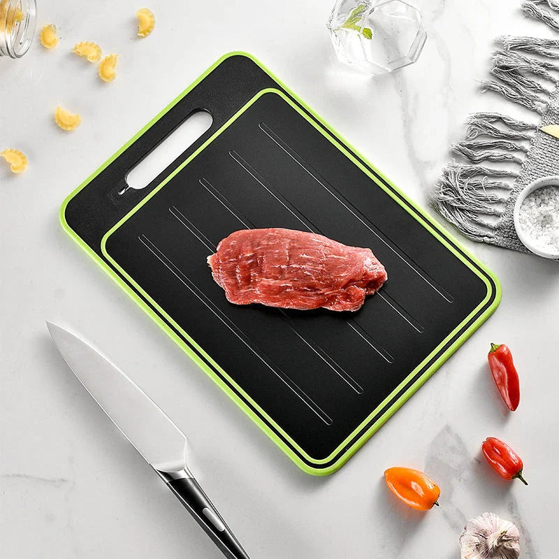 Versatile cutting board with thawing and sharpening functions, made of durable aluminum with grinding teeth and built-in whetstone