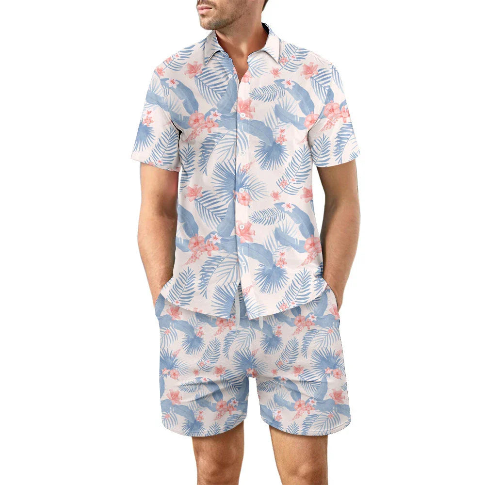Stylish printed beach shirt and shorts set for men in various vibrant color designs