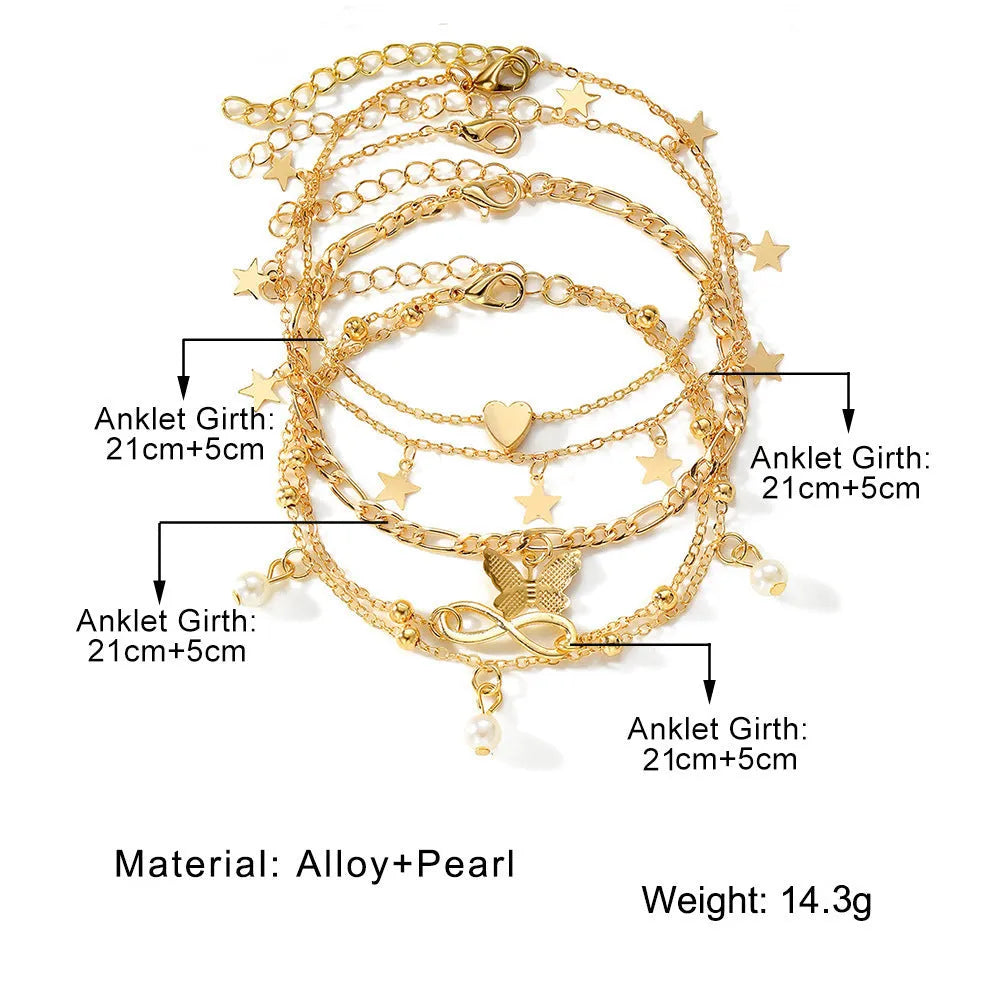 Butterfly love design four-piece alloy anklet set for women with pearl heart details