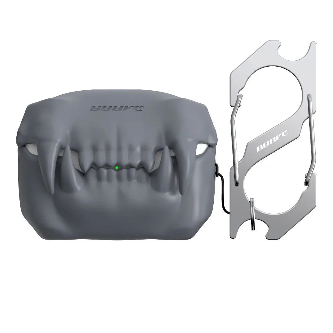 A silicone protective case for AirPods Pro earbuds, featuring a spooky, fluorescent design and a detachable keychain.