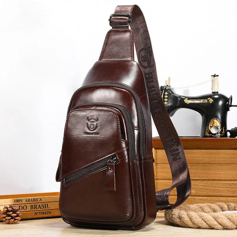 Bull Captain high-grade genuine leather men's shoulder crossbody bag in brown, black, and orange colours