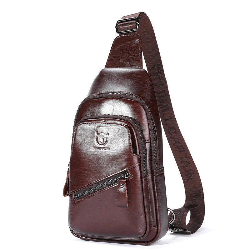 Bull Captain high-grade genuine leather men's shoulder crossbody bag in brown, black, and orange colours