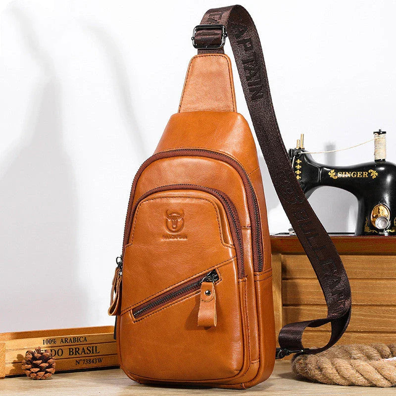 Bull Captain high-grade genuine leather men's shoulder crossbody bag in brown, black, and orange colours