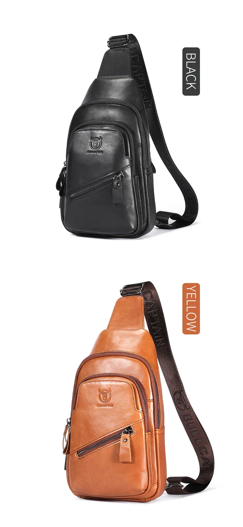 Bull Captain high-grade genuine leather men's shoulder crossbody bag in brown, black, and orange colours