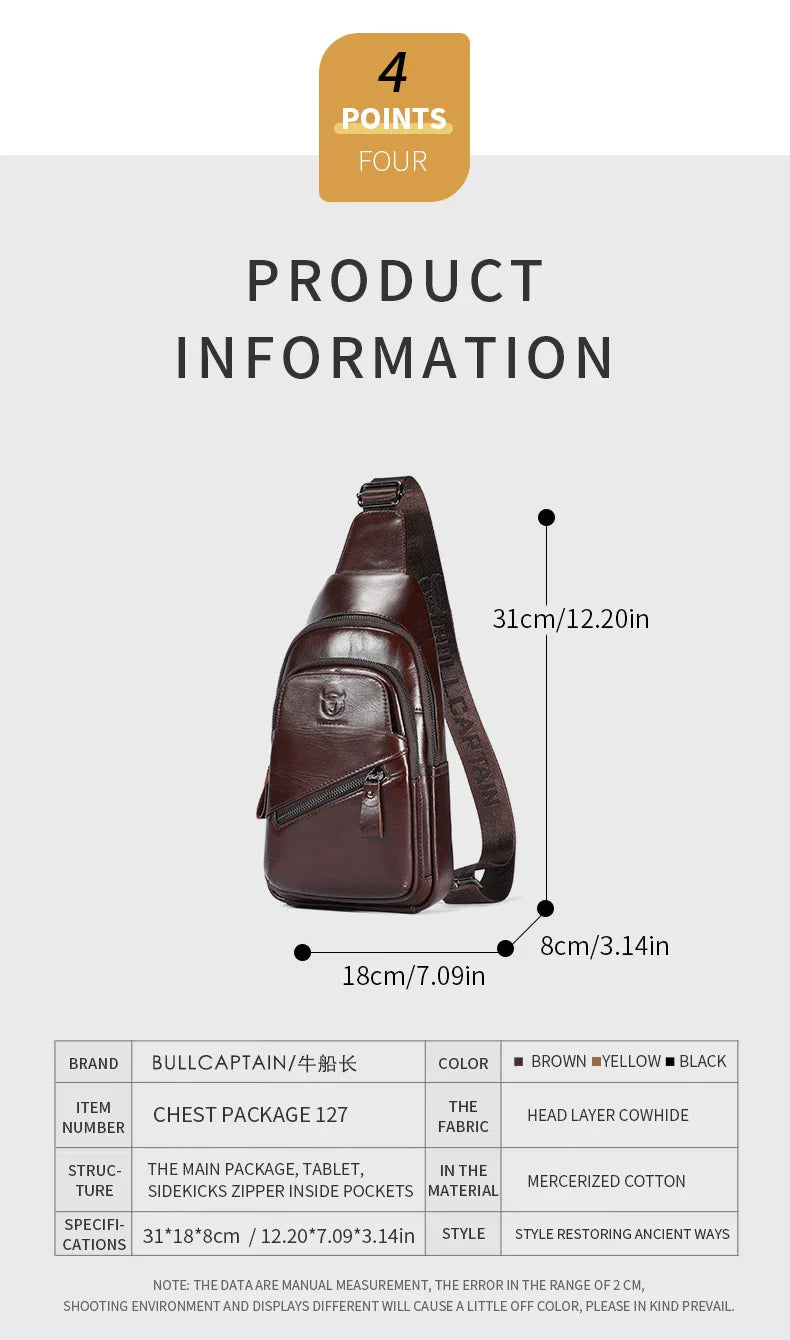 Bull Captain high-grade genuine leather men's shoulder crossbody bag in brown, black, and orange colours