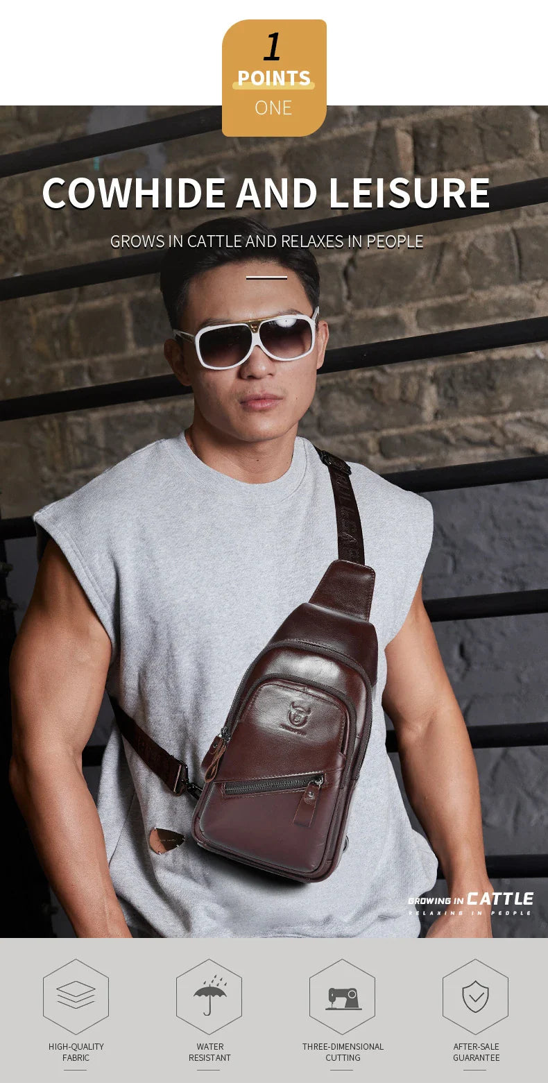 Bull Captain high-grade genuine leather men's shoulder crossbody bag in brown, black, and orange colours