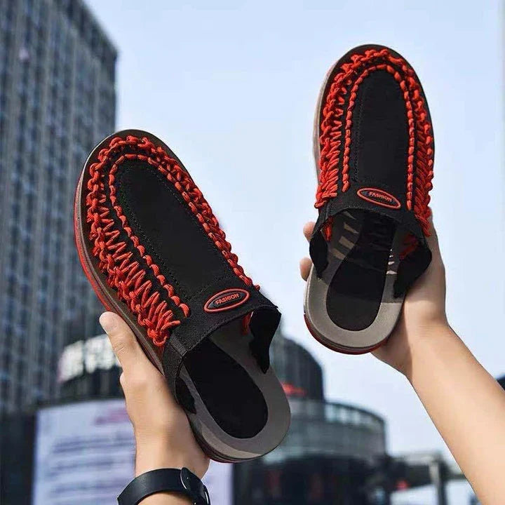 Fashionable men's woven sandals and slippers in blue and black colours, featuring a sophisticated design and durable rubber sole for comfort.