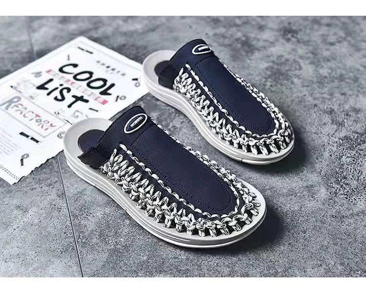 Fashionable men's woven sandals and slippers in blue and black colours, featuring a sophisticated design and durable rubber sole for comfort.