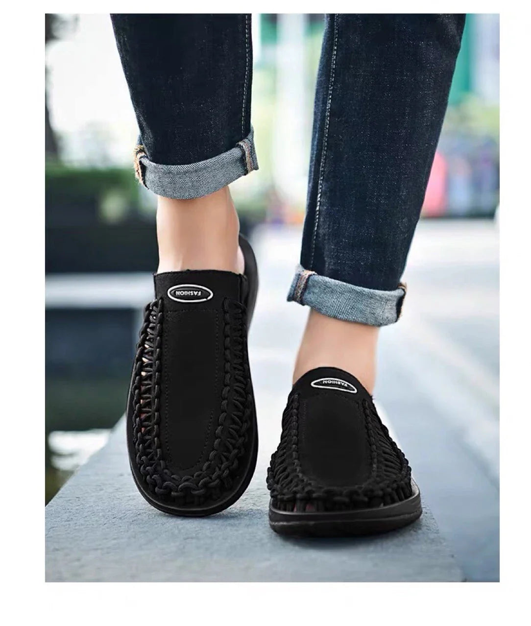 Fashionable men's woven sandals and slippers in blue and black colours, featuring a sophisticated design and durable rubber sole for comfort.