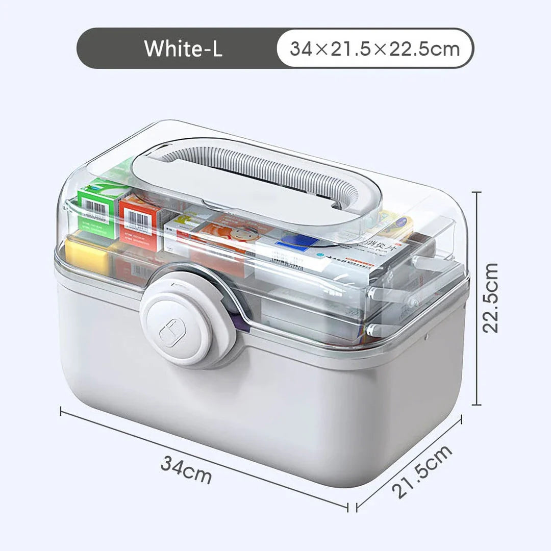 Large, white plastic medicine organizer box with multiple compartments for storing family medical supplies