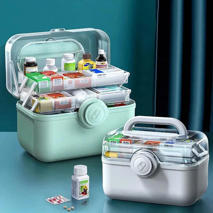 Large, white plastic medicine organizer box with multiple compartments for storing family medical supplies