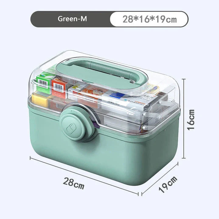 Large, white plastic medicine organizer box with multiple compartments for storing family medical supplies