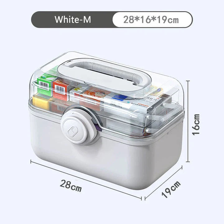 Large, white plastic medicine organizer box with multiple compartments for storing family medical supplies