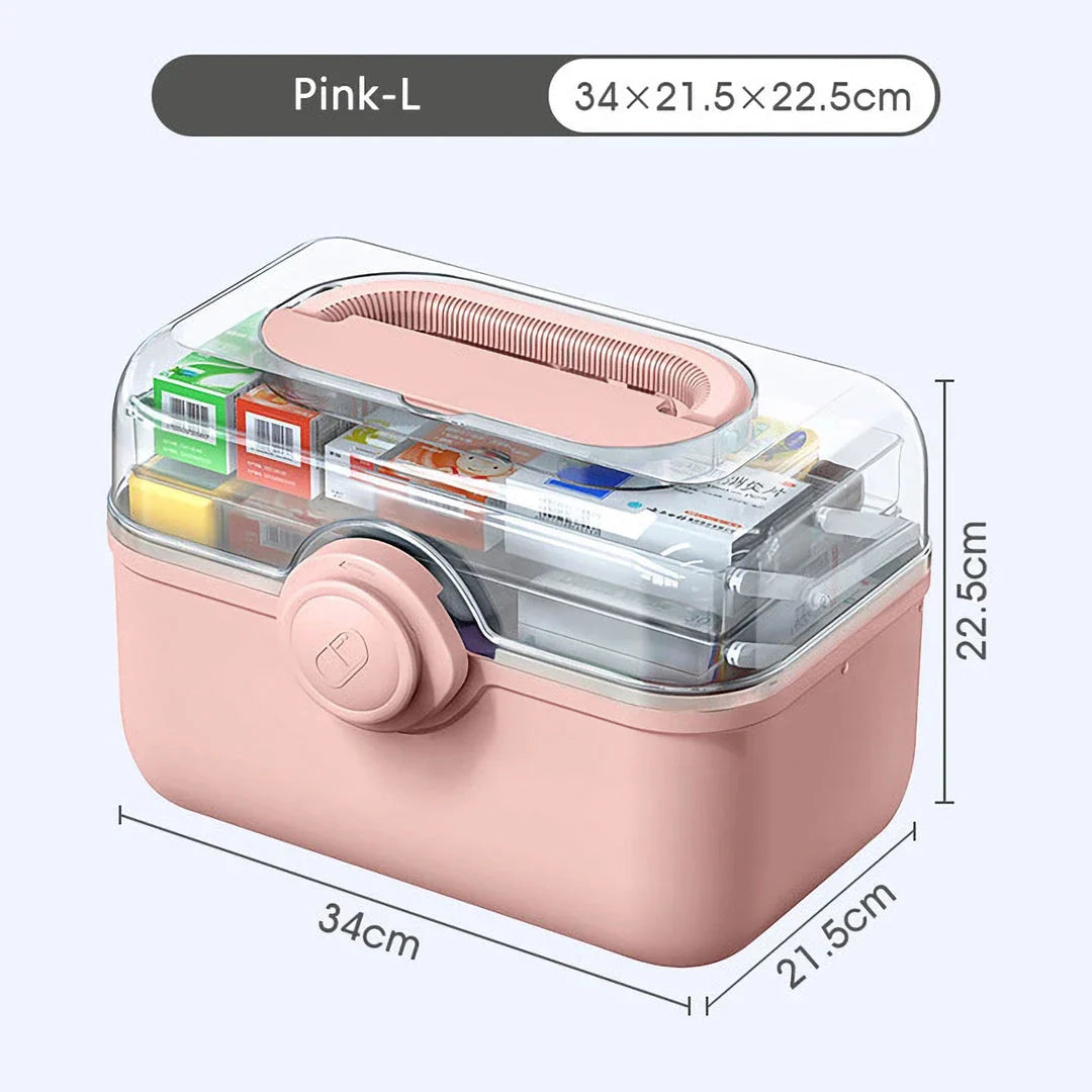 Large, white plastic medicine organizer box with multiple compartments for storing family medical supplies