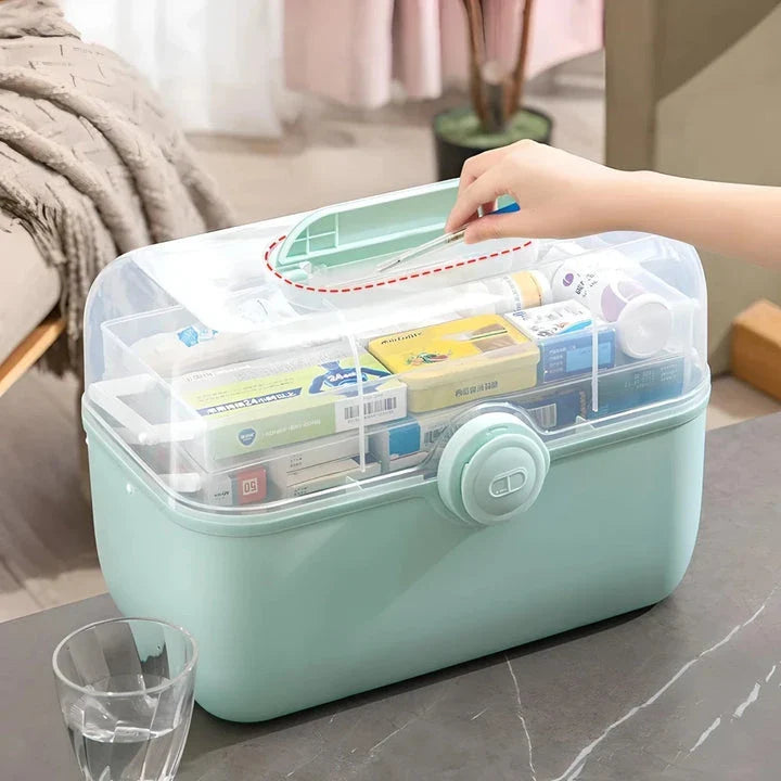 Large, white plastic medicine organizer box with multiple compartments for storing family medical supplies