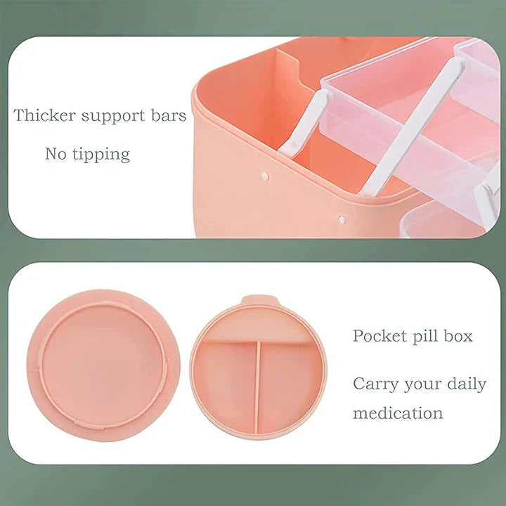 Large, white plastic medicine organizer box with multiple compartments for storing family medical supplies