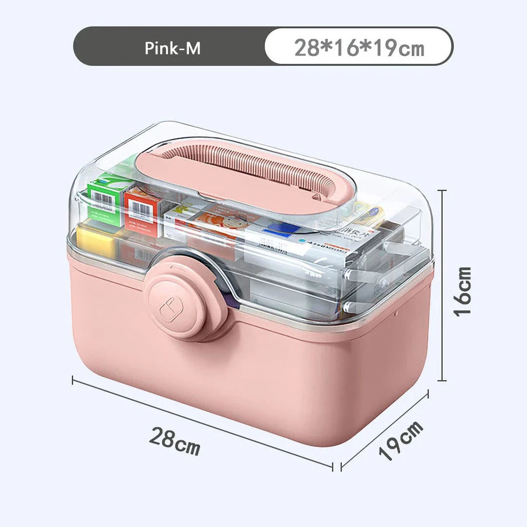 Large, white plastic medicine organizer box with multiple compartments for storing family medical supplies