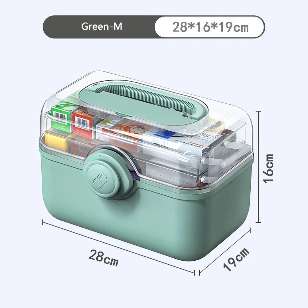 Large, white plastic medicine organizer box with multiple compartments for storing family medical supplies