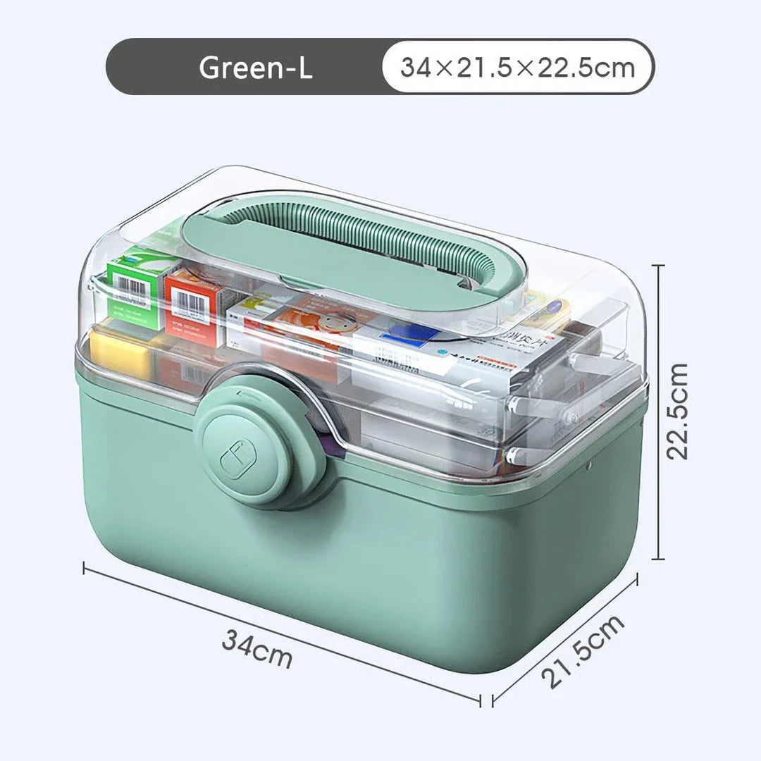 Large, white plastic medicine organizer box with multiple compartments for storing family medical supplies