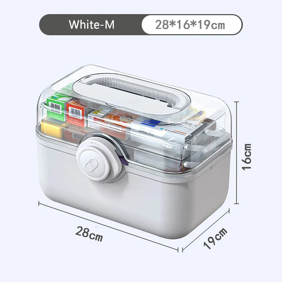 Large, white plastic medicine organizer box with multiple compartments for storing family medical supplies