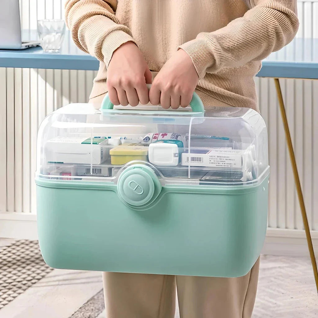 Large, white plastic medicine organizer box with multiple compartments for storing family medical supplies