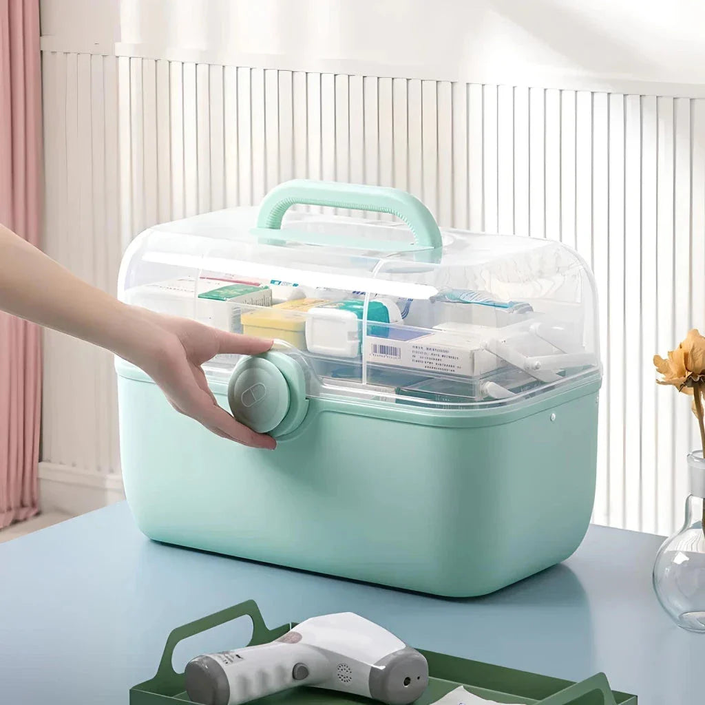 Large, white plastic medicine organizer box with multiple compartments for storing family medical supplies