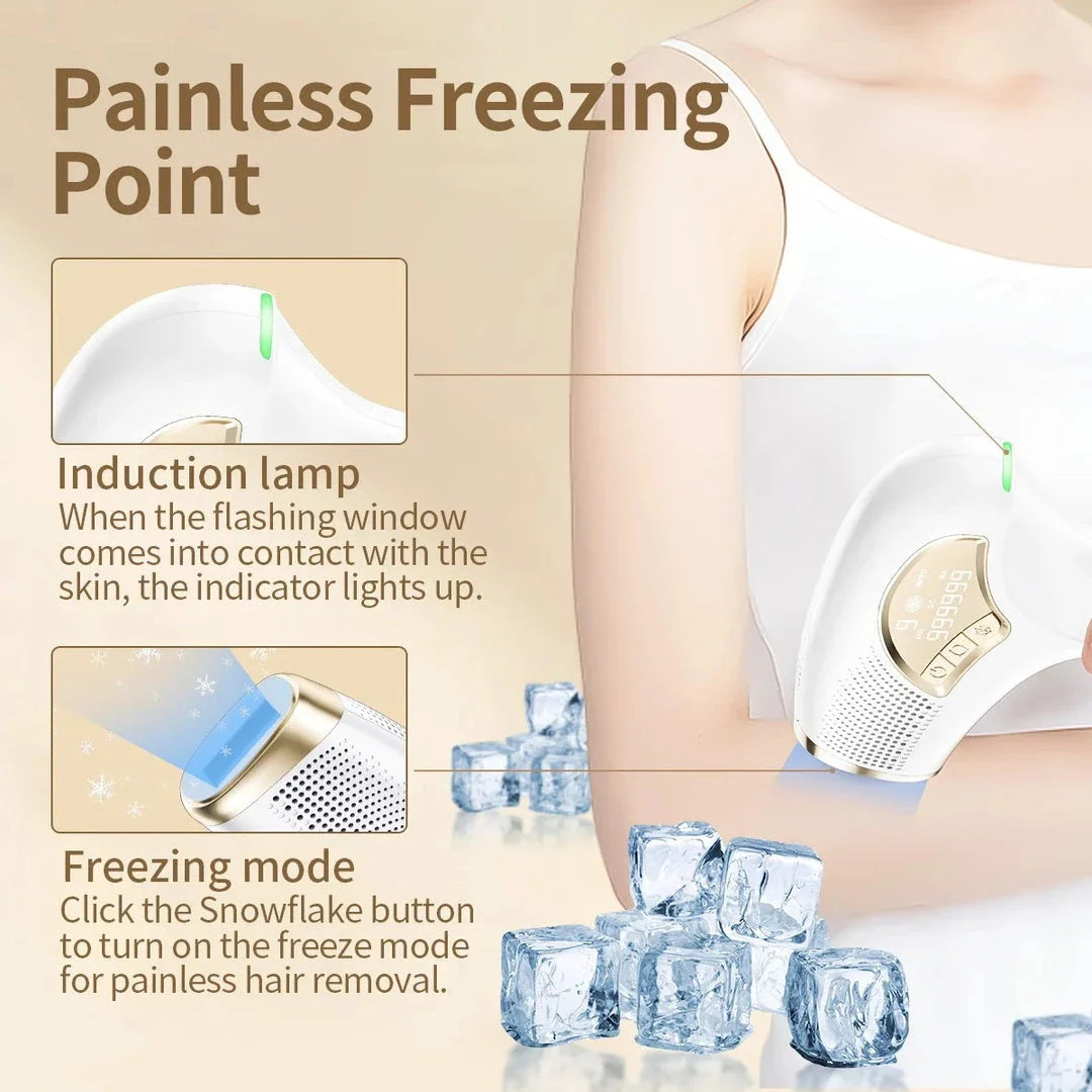 Portable IPL Laser Hair Removal Device with ice-cooling feature for comfortable, salon-quality hair removal and skin rejuvenation