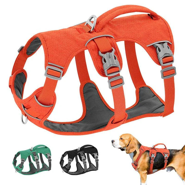 Reflective nylon dog harness with handle for small, medium, and large dogs, featuring adjustable straps and durable construction for comfortable, controlled walks.