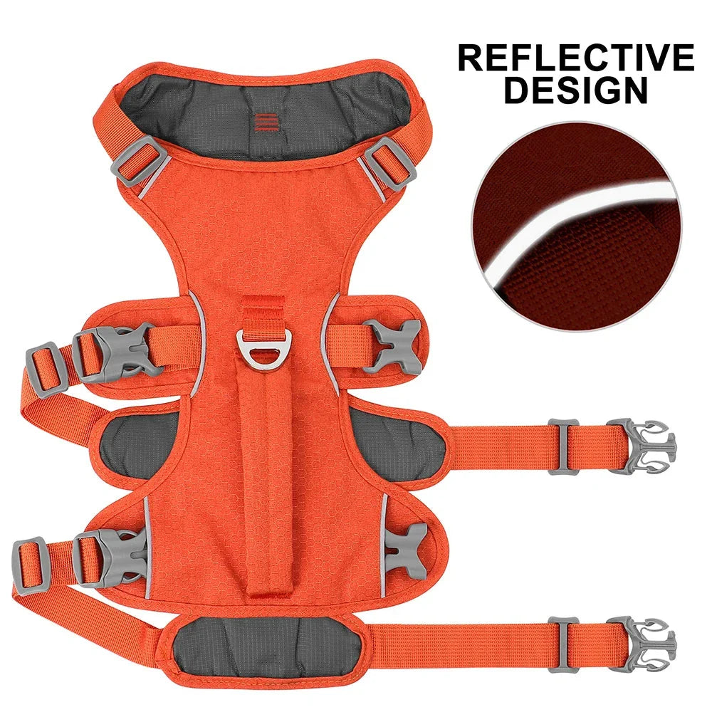 Reflective nylon dog harness with handle for small, medium, and large dogs, featuring adjustable straps and durable construction for comfortable, controlled walks.