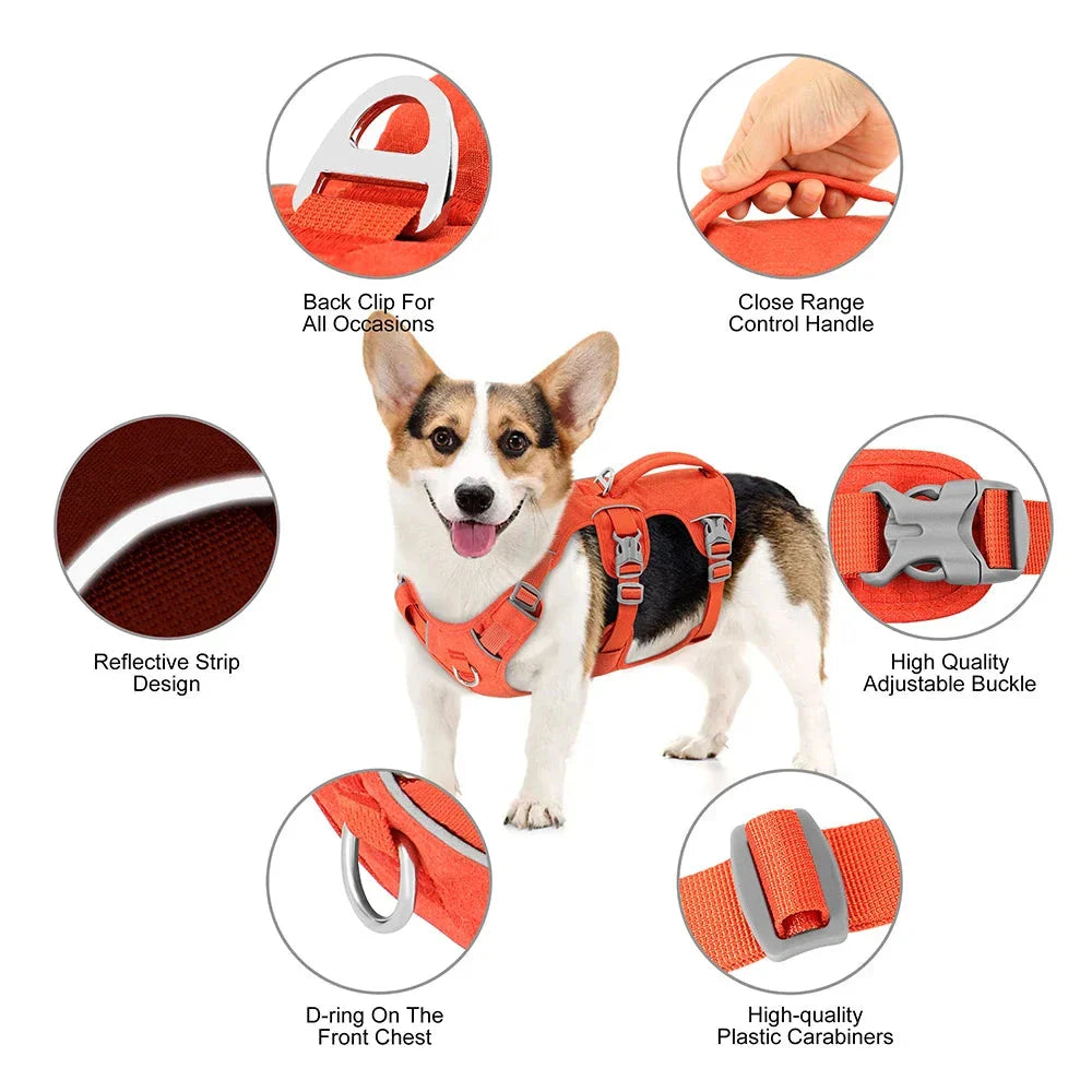 Reflective nylon dog harness with handle for small, medium, and large dogs, featuring adjustable straps and durable construction for comfortable, controlled walks.