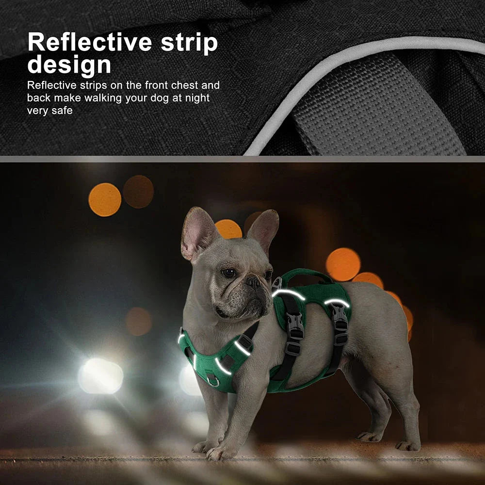 Reflective nylon dog harness with handle for small, medium, and large dogs, featuring adjustable straps and durable construction for comfortable, controlled walks.